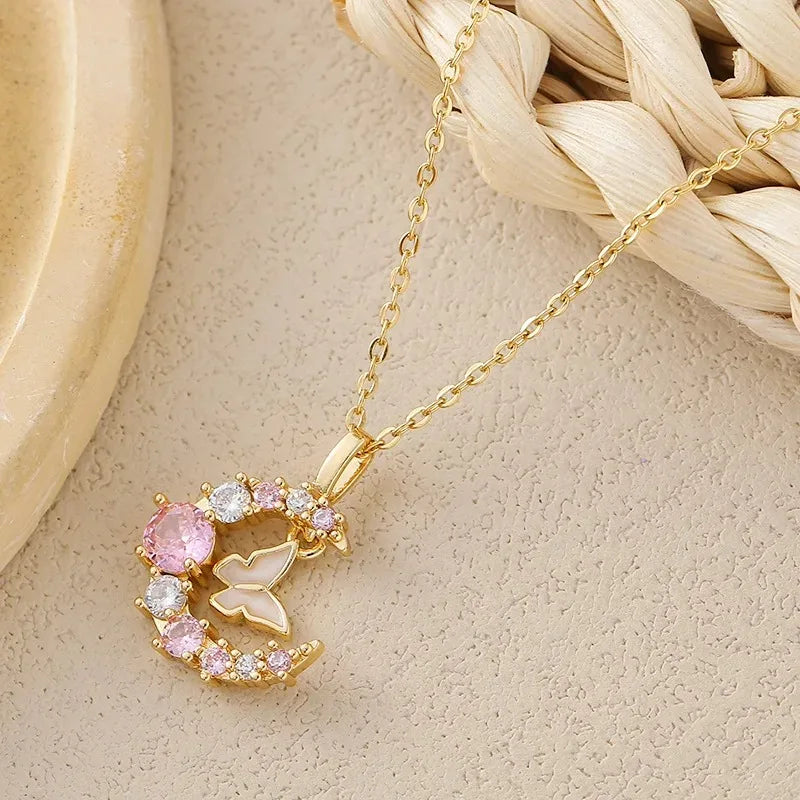 New Korean Fashion Butterfly Moon 2025 Necklace Women's Stainless Steel Cute Collar Chain High End Elegant Jewelry Girls Gift