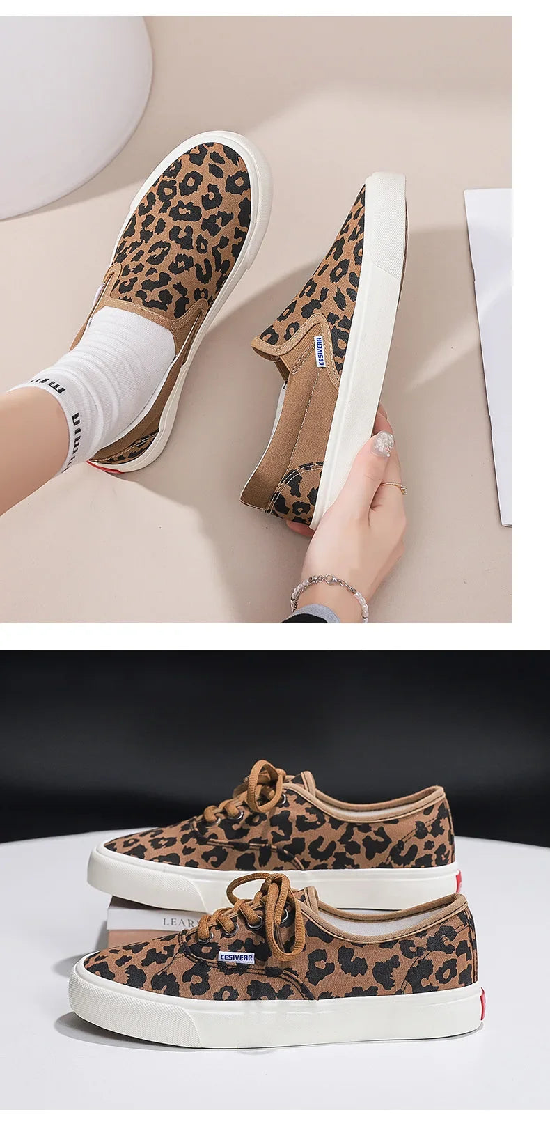Retro Fashionable Canvas Shoes for Women Student Sports Casual Leopard Print Slip-On Sneakers Comfortable Cotton Lined Shoes