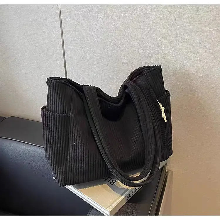 Corduroy Daily Handbag Fashionable Versatile Shoulder Bag for Women Multi-Compartment Zipper Closure Commute Women's Tote Bag