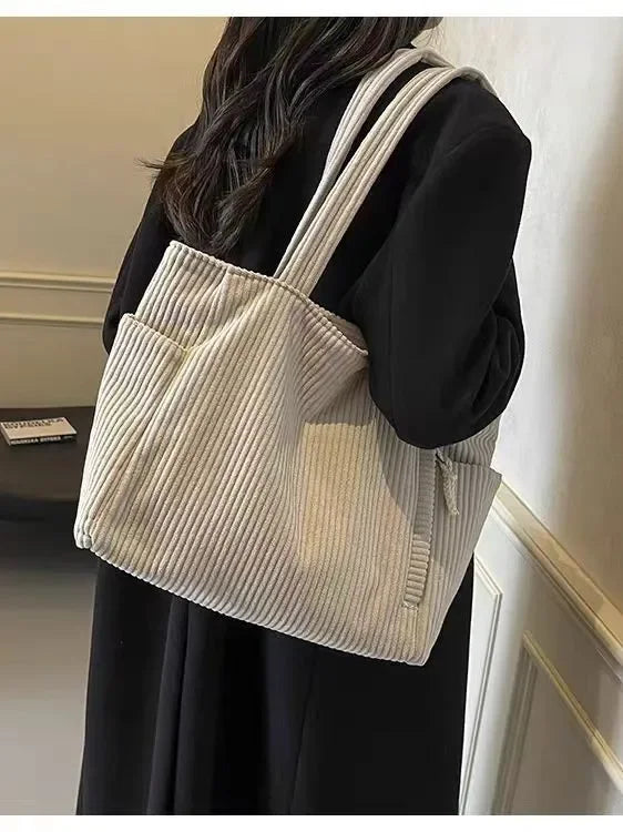 Corduroy Daily Handbag Fashionable Versatile Shoulder Bag for Women Multi-Compartment Zipper Closure Commute Women's Tote Bag