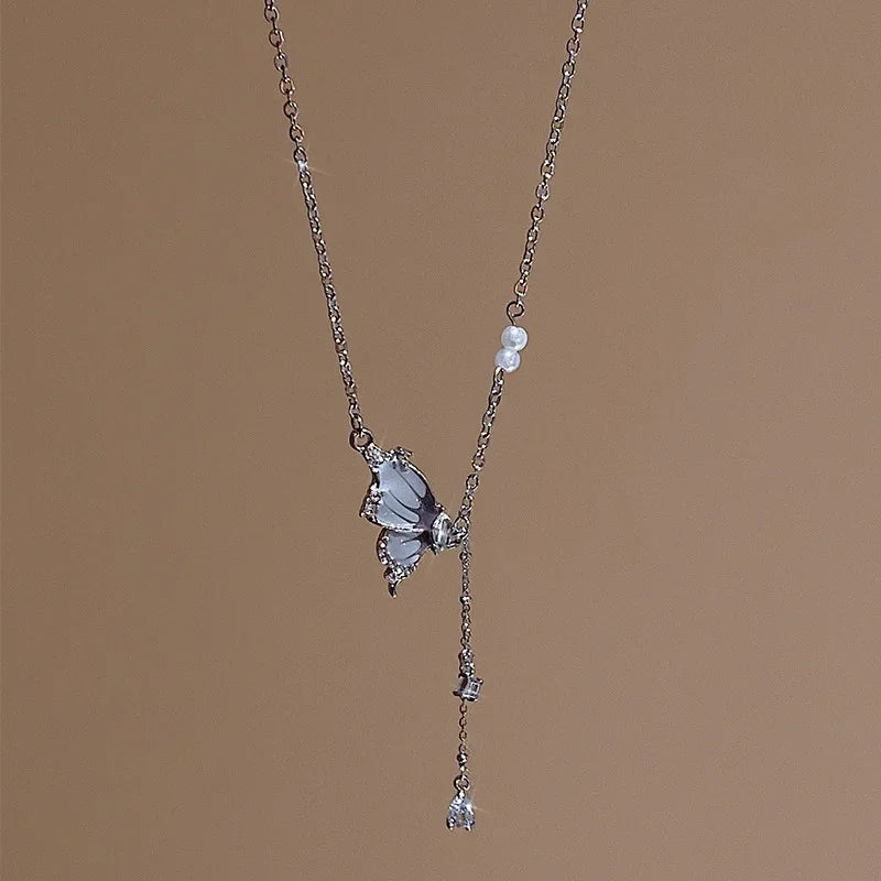 2025 Trendy Butterfly Tassel Zircon Pendant Necklace Crystal Chain Punk Party Statement Jewelry for Women Girls