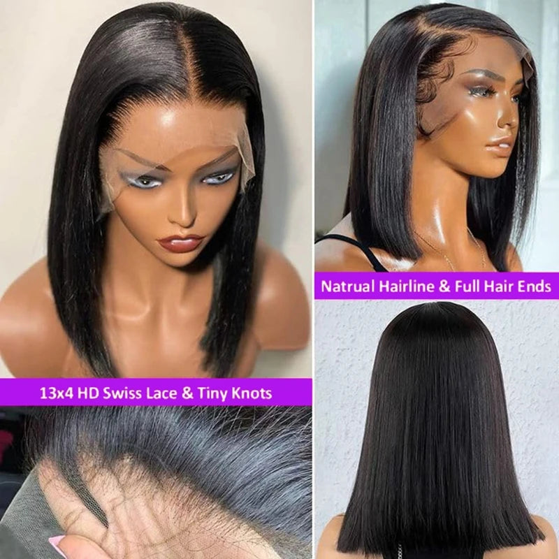 Straight Bob Wig 200% Density 13X4 Lace Frontal Wigs Brazilian Pre Plucked With Baby Hair 4x4 For Women 100% Human Hair Wigs #1B