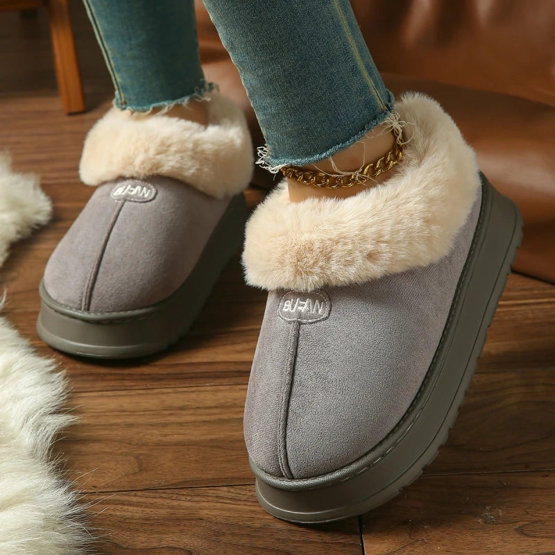 Winter Women Warm Plush Slippers Female Thick-soled Indoor Furry Shoes Men Outdoor Fashion Non-slip Slides Couples Cute Boots