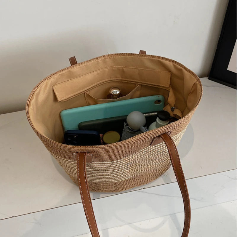 Women's Large Capacity Shoulder Bag Summer Straw Woven Basket Handbag Fashion Female Luxury Designer Beach Bag Bali Shopper Tote