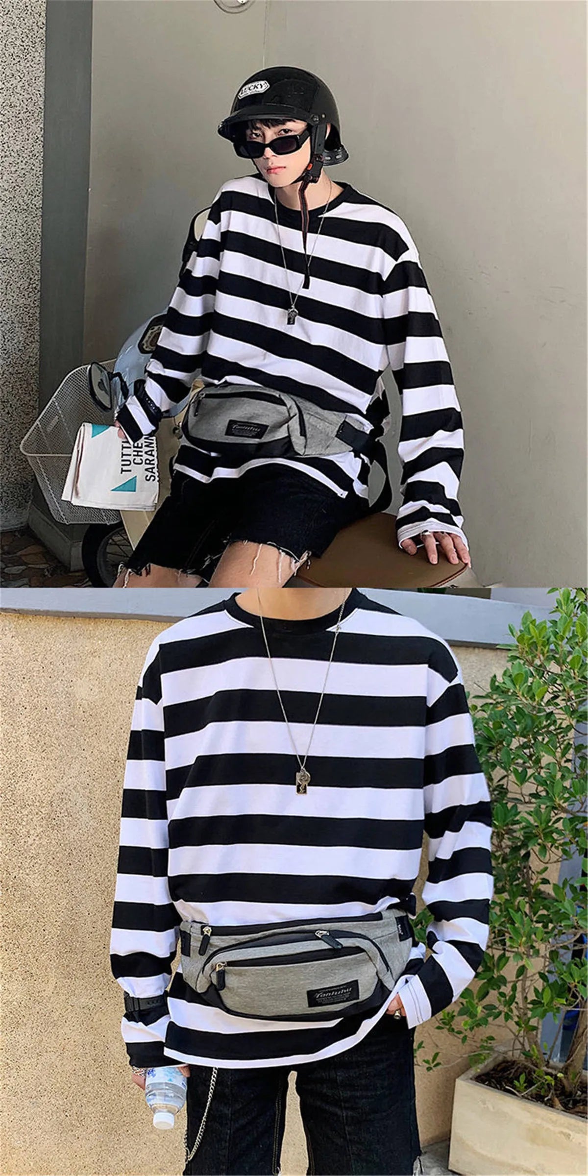 2023 Cool Autumn Fashion Mens Strip T Shirt Korean Hip Hop Casual Tops Women Loose Tops Ulzzang Clothes Males White T Shirts