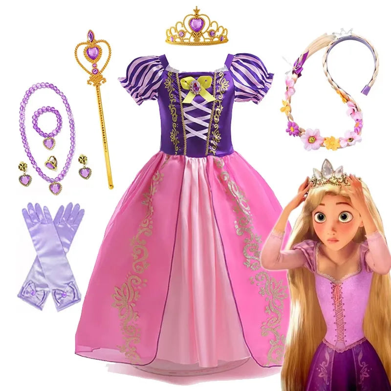 Disney Rapunzel Princess Dress Girl Purple Puff Sleeve Cosplay Tangled Costume Halloween Vestido Kids Birthday Ball Gown Clothes
