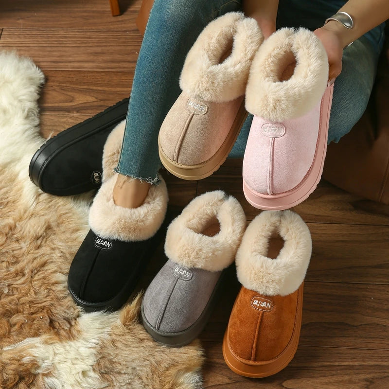 Winter Women Warm Plush Slippers Female Thick-soled Indoor Furry Shoes Men Outdoor Fashion Non-slip Slides Couples Cute Boots