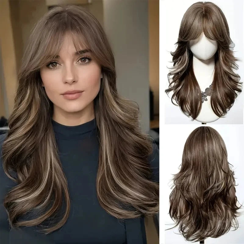 Elegant Curly Wave Ash Blonde Wig Synthetic Hair with Bangs Long Women Party Cospaly Wig 100% Tang Long  Heat Resistant Fiber