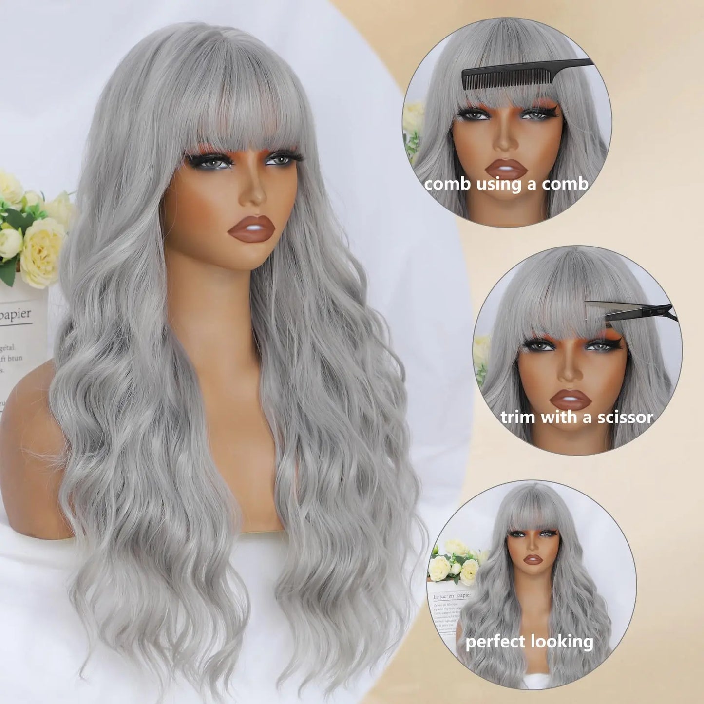 Gray long curly hair synthetic wig with big waves, Halloween cosplay wig, daily wig, high-temperature hair fiber wig set