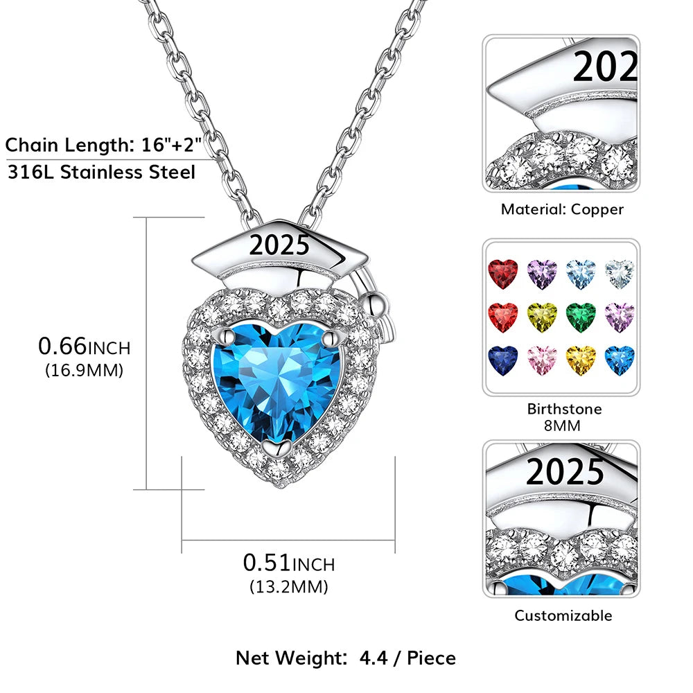 U7 2025 Graduation Necklaces for Women Bachelor Cap Clear White A+++ CZ Heart Birthstones Jewelry Gift for Daughter Girlfriend