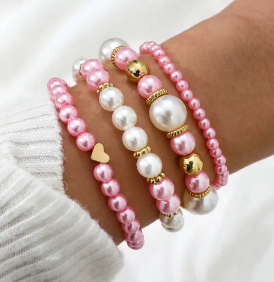 4Pcs/Set Heart White Color Pearl Bracelets Set For Women New Trendy Elastic Beaded Bracelet Elegant Wedding Party Jewelry Gift