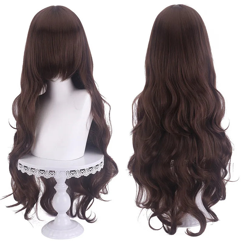 Diagonal Bangs Curly Long Wave Wig for Women Heat-resistant Fiber Synthetic Wig for Daily Cosplay