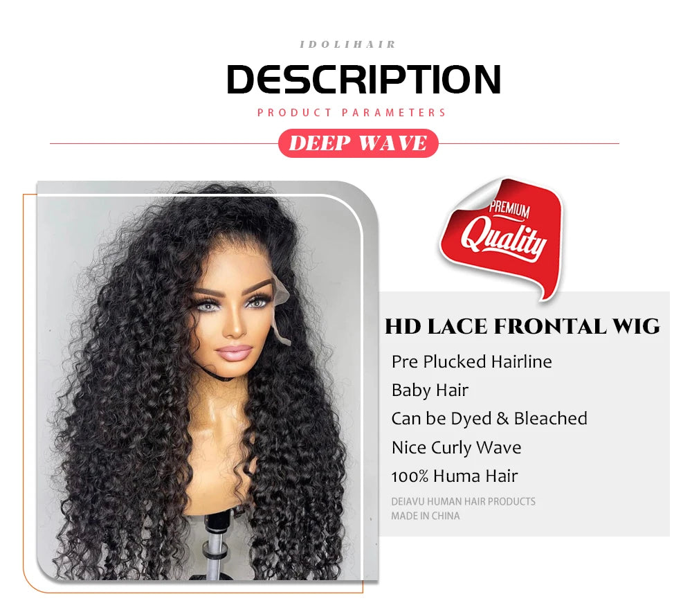 Deep Wave Frontal Wig Human Hair 13x4 Curly Human Hair Wig Transparent  Lace Wig 13x6 Water Wave Wigs 180 Density