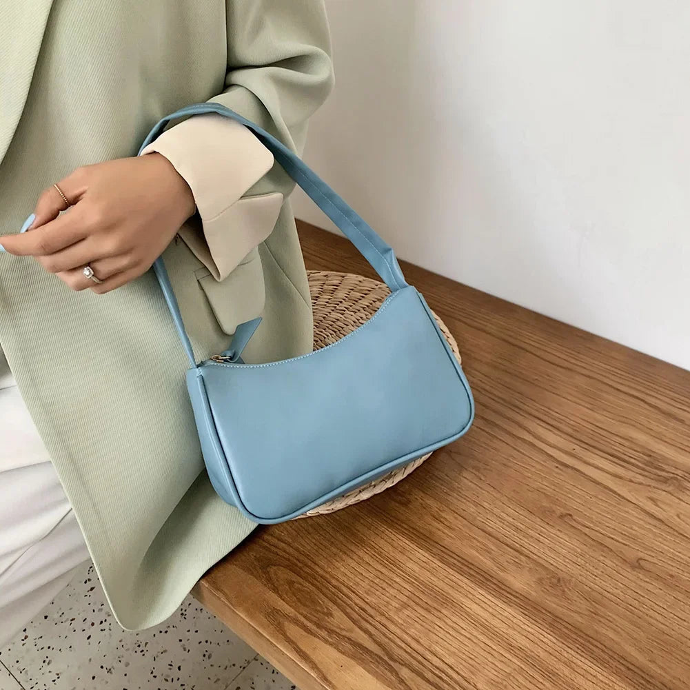 New Retro Soft PU Leather Women Shoulder Underarm Bags Casual Solid Color Small Top-Handle Handbags Ladies Fashion Shoulder Bags