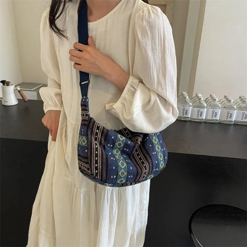 Tribal Style Shoulder Bag, Foldable Crossbody with Zipper Closure, Striped Pattern, Flag Theme Hand Washable Edge Painted Lining