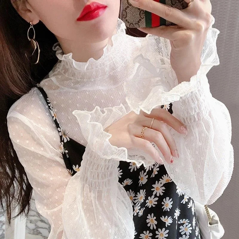 Women Sexy Mesh See Through T Shirt  Long Bell Sleeve Hollow Out Blouse Summer Transparent Sheer High Neck Bottoming Basic Tee