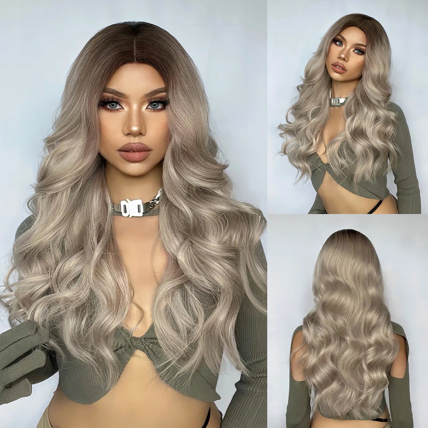 Super Long Wavy White Mixd Black Synthetic Wig Medium Part Water Wave Wigs For Women Daily Cosplay Halloween Colorfull Fake Hair