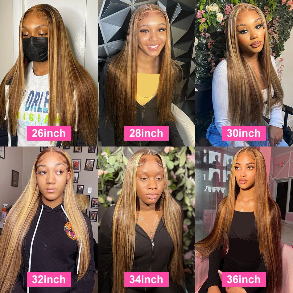 30 32 Inch 13x4 13x6 HD Highlight Ombre Straight Human Hair Wigs Honey Blonde Bone Straight Lace Front Human Hair Wig For Women