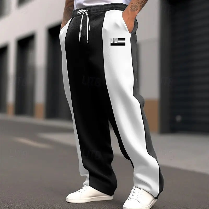 Men's straight-leg pants with a relaxed fit and simple stripe print. Casual wide-leg style.  Suitable for teens and adults.