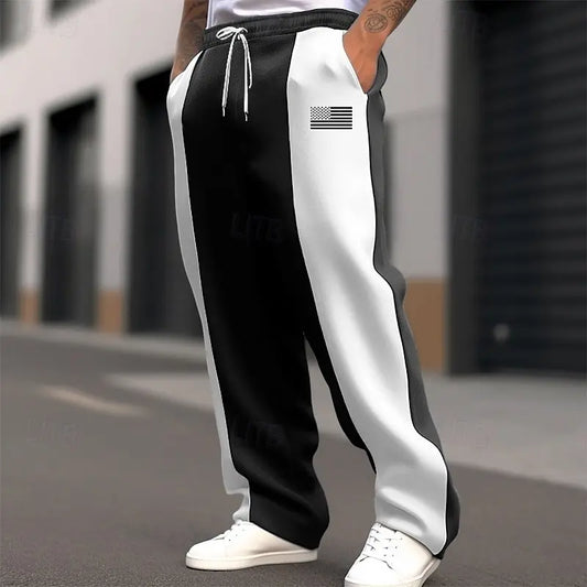 Men's straight-leg pants with a relaxed fit and simple stripe print. Casual wide-leg style.  Suitable for teens and adults.