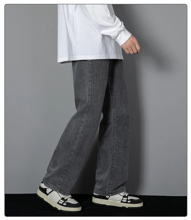 2025 New Korean Men's Casual Long Jeans Classic Man Straight Denim Wide-leg Pants Solid Color Light Blue Grey Black