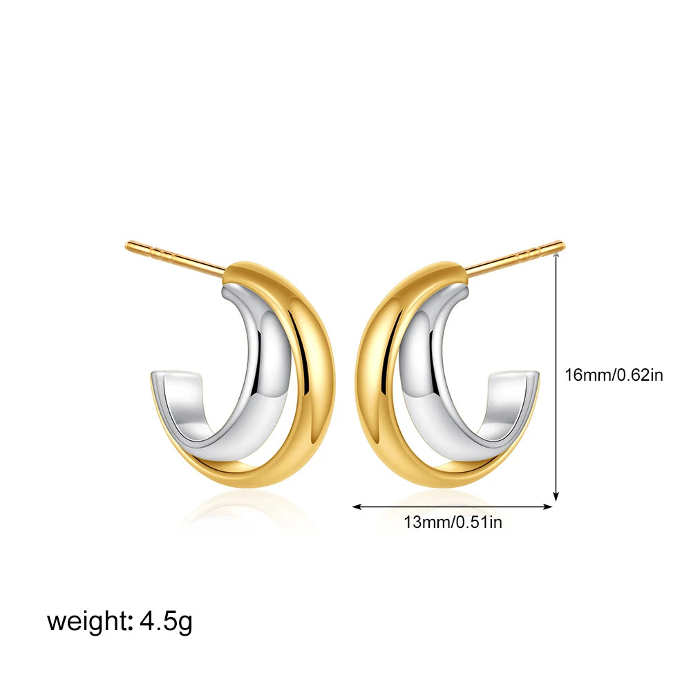 Geometric Stainless Steel Gold Sliver Color Bilayer Stud Earring for Women Irregular Metal Texture Fashion Jewelry Gift