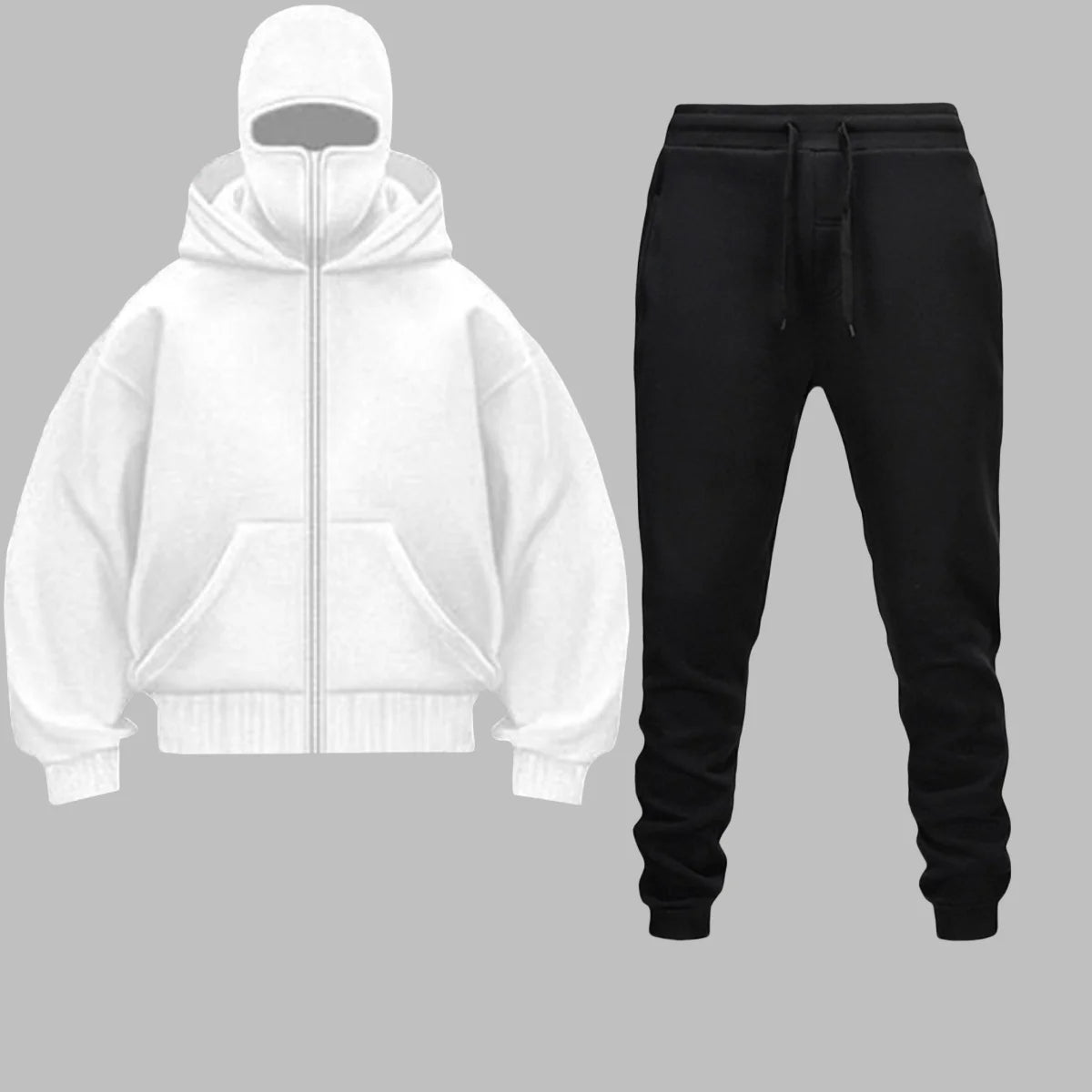 2025 Autumn Winter Men Zippered Hooded Sweatshirt Set - Balakrava Street Fashion Windproof Ninja Letter Design Two-Piece Set