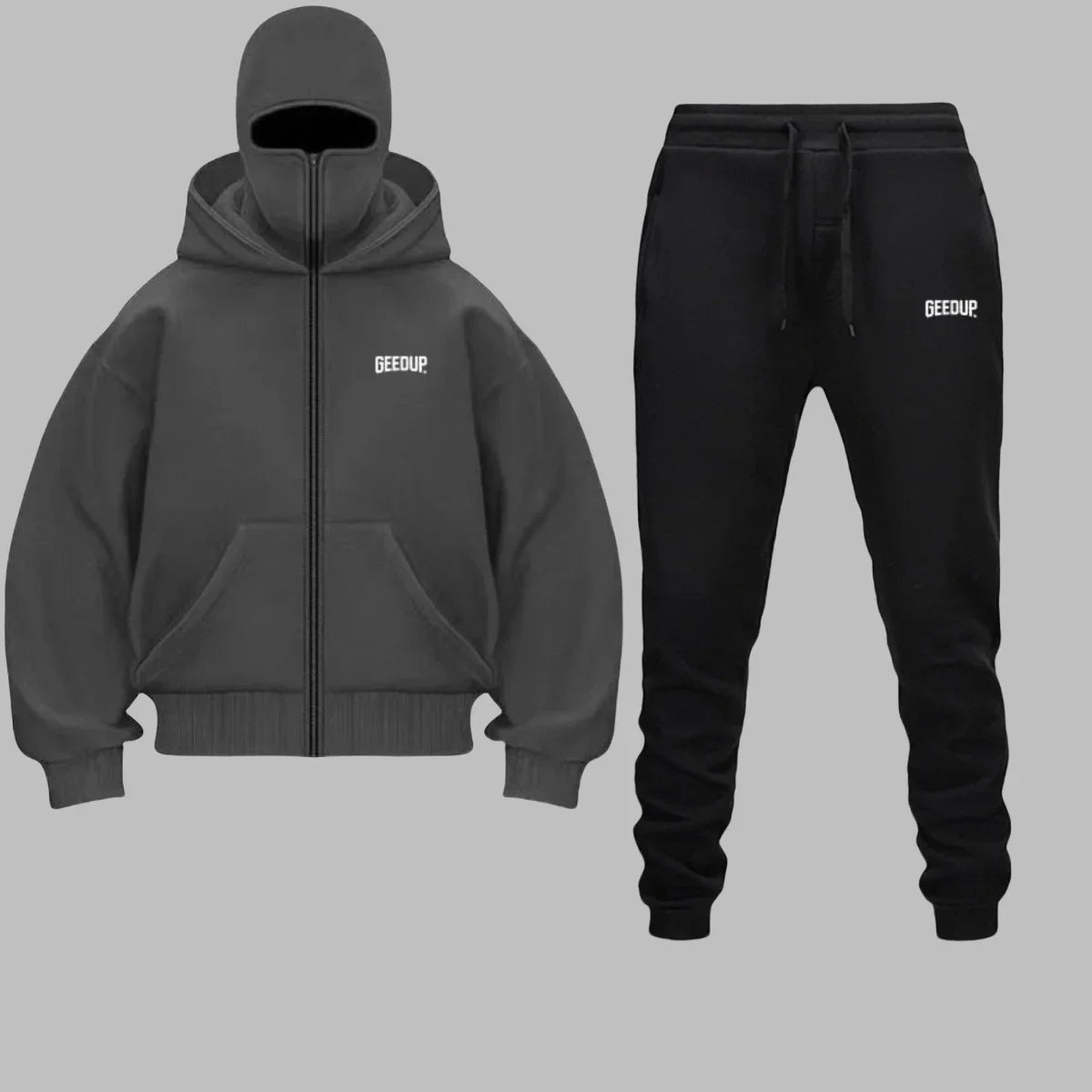 2025 Autumn Winter Men Zippered Hooded Sweatshirt Set - Balakrava Street Fashion Windproof Ninja Letter Design Two-Piece Set