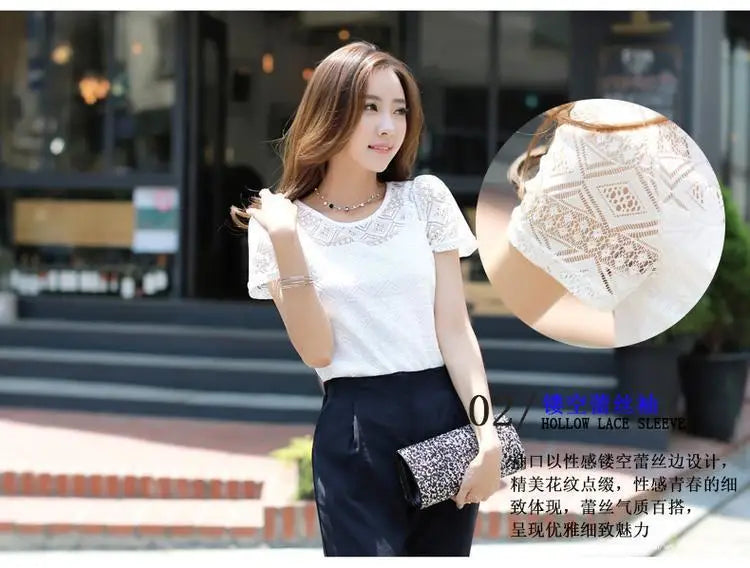 1pcs Summer Women Lace T-Shirt Lady Short-Sleeve Round-Neck tShirt Female Sexy Slim Fit  Tee Girl Chiffon Shirt Fashion Pullover