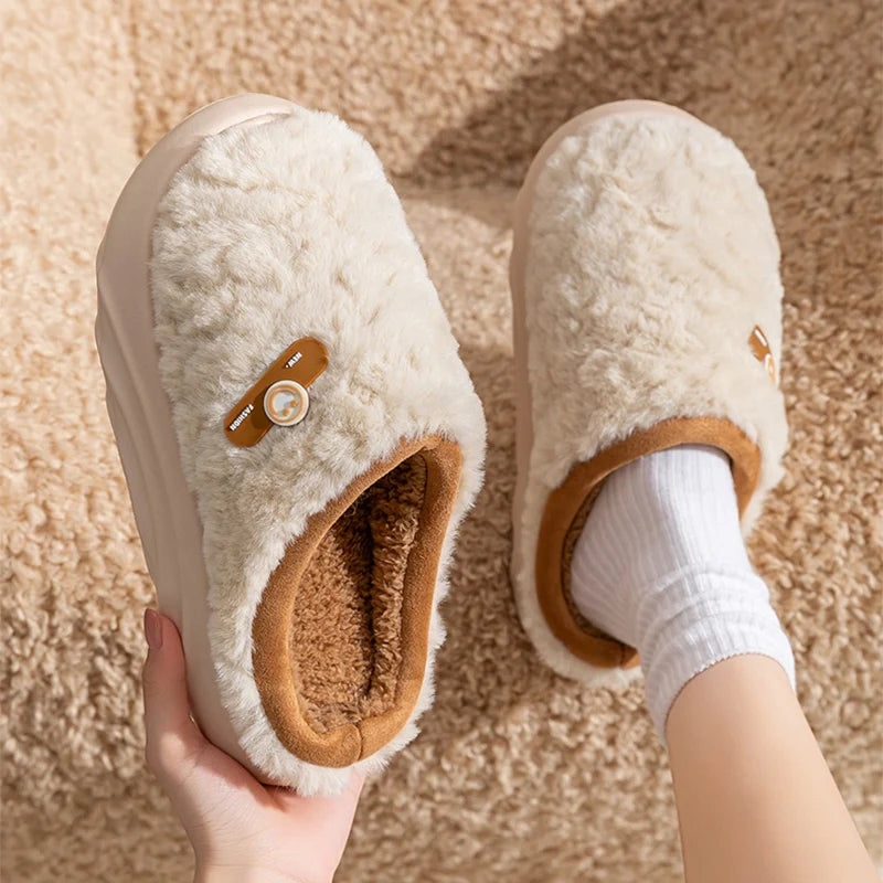 Thick Bottom Cotton Slippers for Women 2025 Winter Indoor Non Slip Home Cotton Slippers Woman Faux Fur Warm Plush Slides Ladies