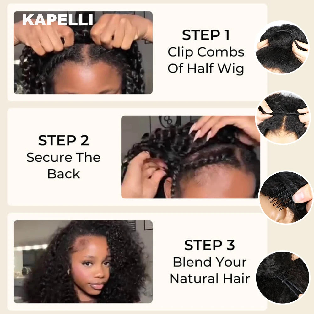 Half Wig Human Hair Kinky Curly Glueless Wig Human Hair Ready to Wear 3 IN 1 Half Wig With Drawstring 250 Density Curly Half Wig