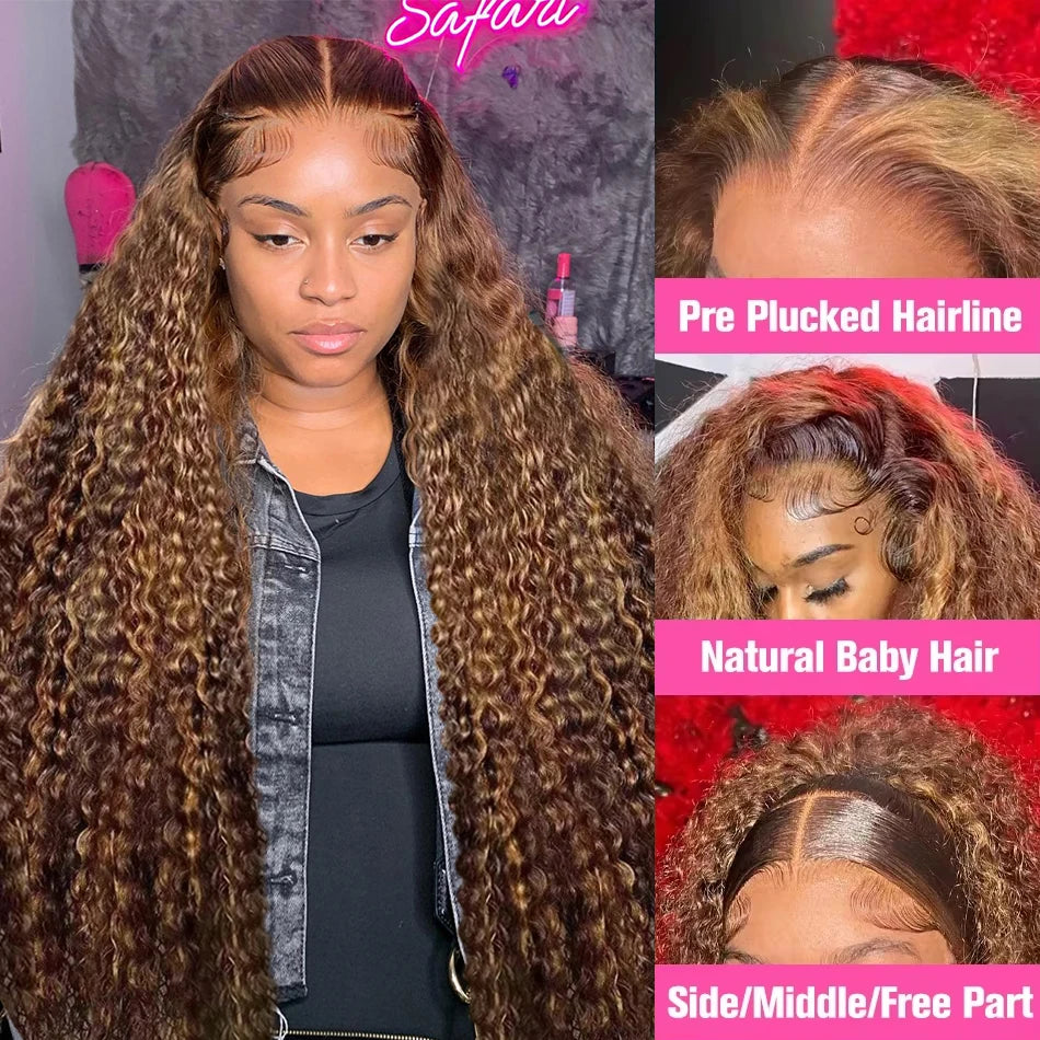 Curly Colored Highlight Wigs Human Hair Deep Wave 13x6 Hd Lace Frontal Wig 18 36Inch 4/27 Ombre Brown Blonde Lace Front Wigs