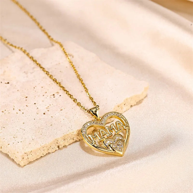 WLP 2025 Elegant Mother's Day Gift Heart Pendant MAMA Necklace for Women MOM Luxury Rhinestone Aesthetic Neck Necklace Jewelry