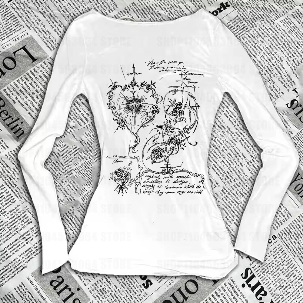 2k Fairy Grunge Graphic T-Shirts for Women E-Girls Goth Rib Long Sleeve Tee Tops Vintage Emo Clothes 2000s Retro Streetwear