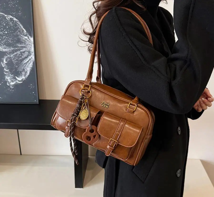 Women's Coffee Brown Multi-Pocket Handbag Shoulder Bag, Stylish Versatile Letter Crossbody Purse for Travel Work Shopping Dates