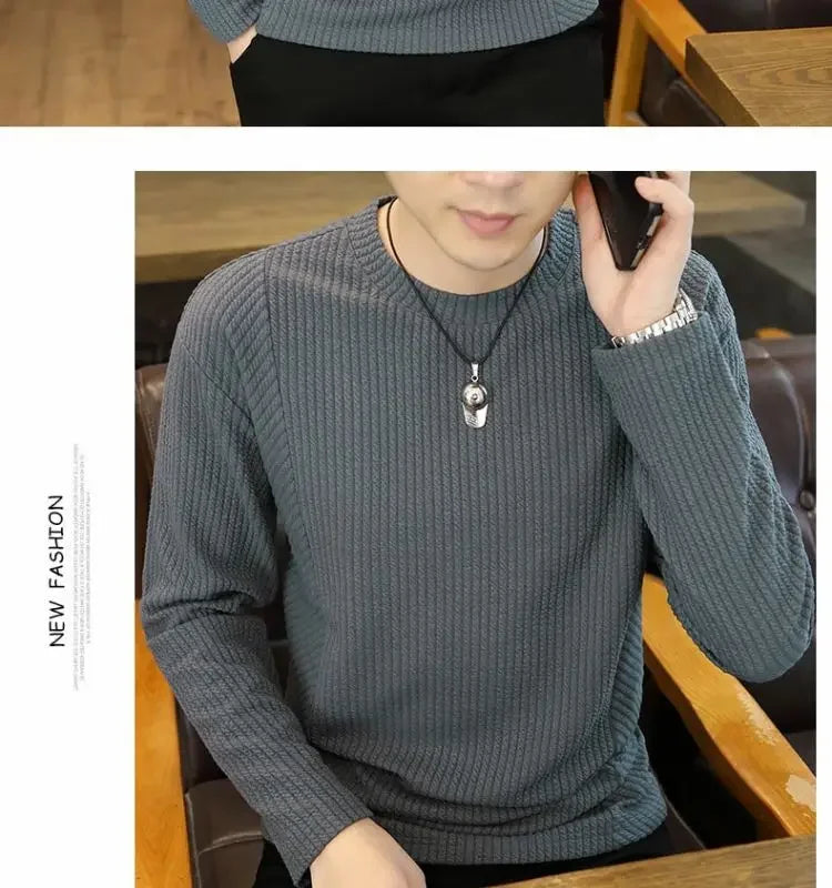 White Long Sleeve Men's T-shirt Pure Color Texture New Inner Wear Base Shirt Autumn Clothes Upper Clothes Fashion Brand