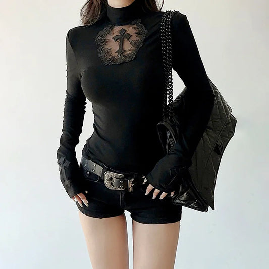 Turtleneck Top Y2k Clothes Black Gothic Cross Hollow Slimming Bottom T Shirt for Women Long Sleeve Sexy T-shirt Girls Tops
