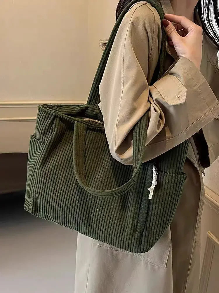 Corduroy Daily Handbag Fashionable Versatile Shoulder Bag for Women Multi-Compartment Zipper Closure Commute Women's Tote Bag