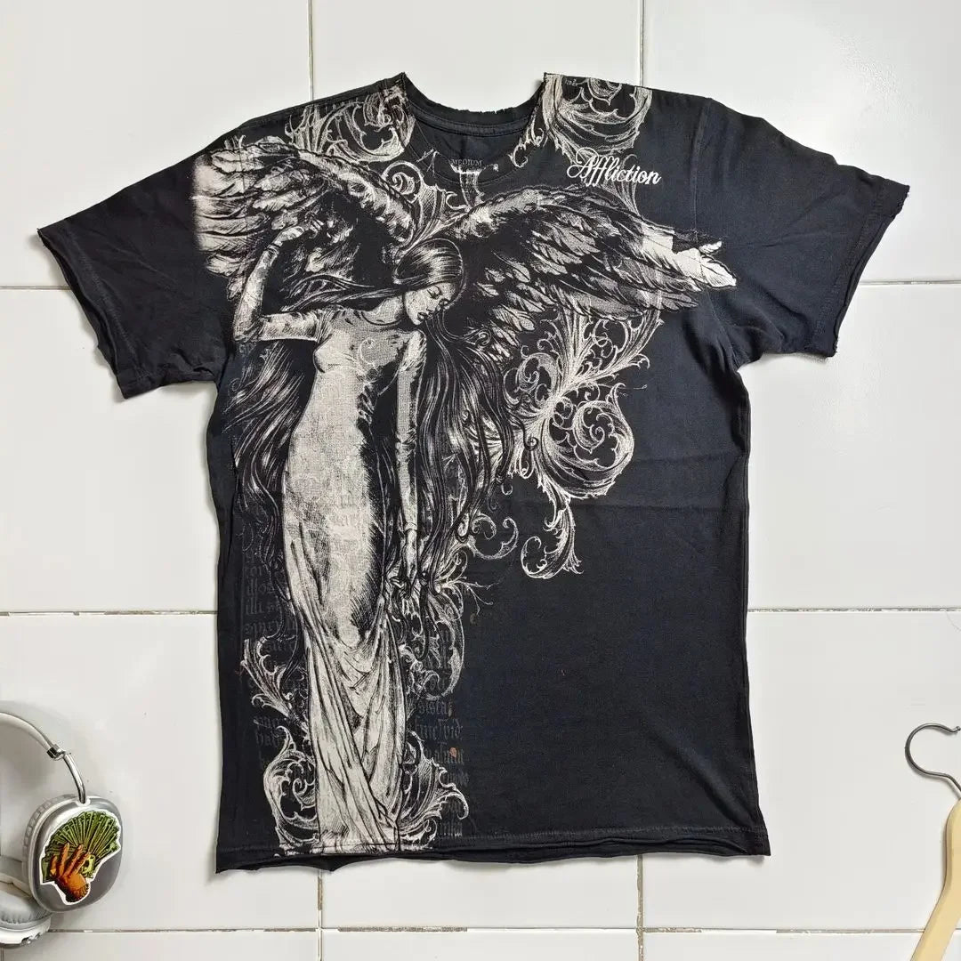 2000s affliction T shirt Clothes Retro Punk Hip Hop Graphic Print Oversized T Shirt Mens new Round Neck Cotton Short Sleeve Tops