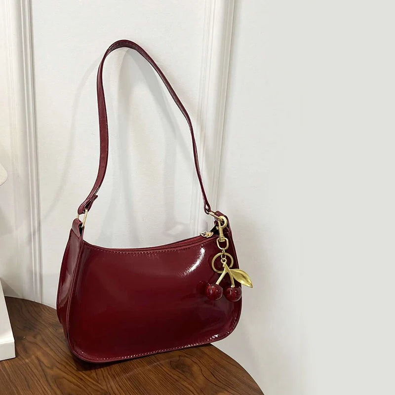 Vintage Retro Shoulder Bag for Women PU Leather Underarm Crossbody Ladies Casual Handbag Purse with Cherry Pendant