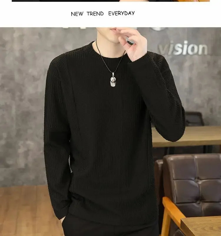 White Long Sleeve Men's T-shirt Pure Color Texture New Inner Wear Base Shirt Autumn Clothes Upper Clothes Fashion Brand