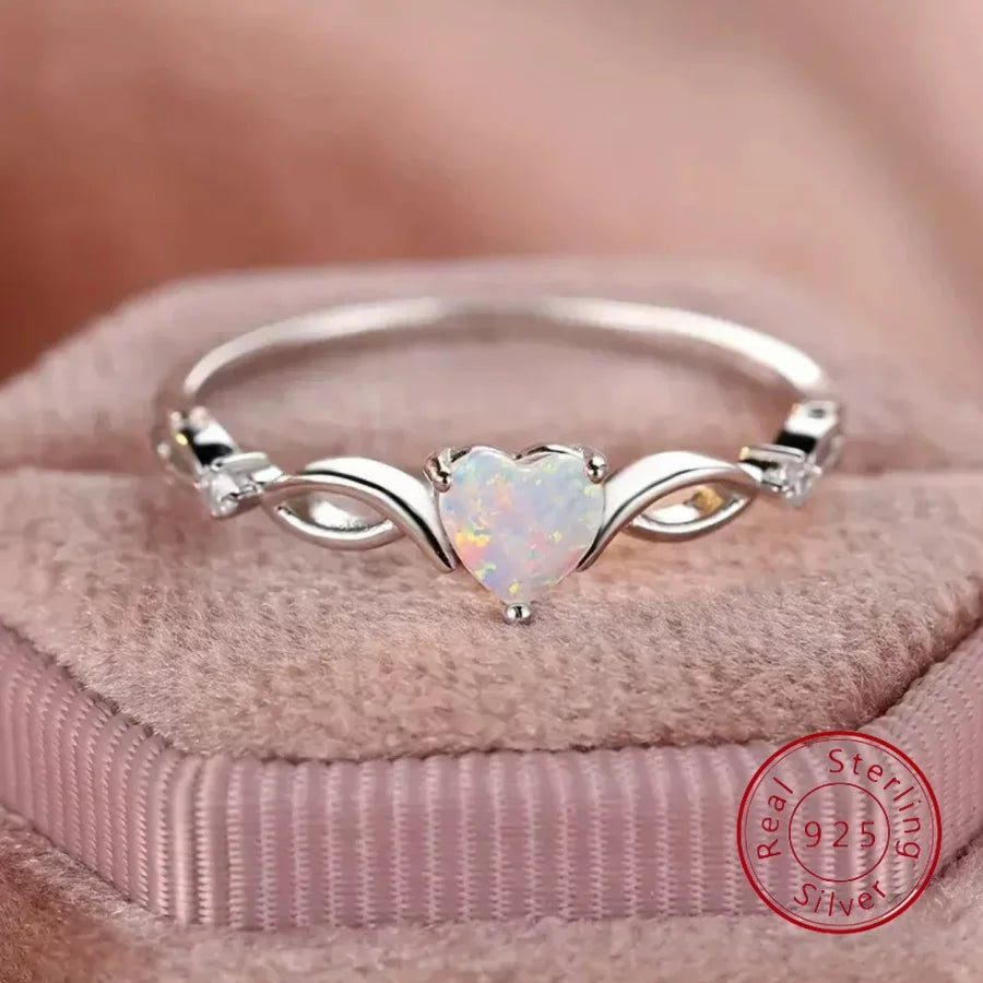 New S925 Sterling Silver Opal Heart Ring - Adjustable European & American Bestseller High-Quality Light Luxury Style Silver Jewe