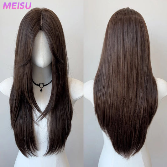MEISU 24-26 Inch Dark Brown Straight Synthetic Wig  Heat-Resistant Natural Smooth Hair Stylish Party Bangs Wigs For Women