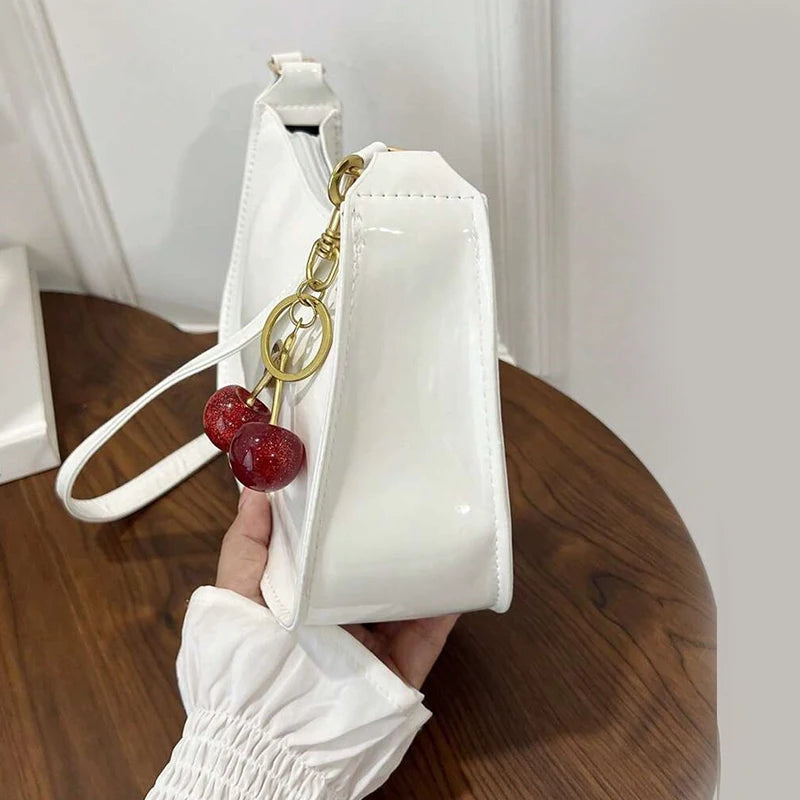 Vintage Retro Shoulder Bag for Women PU Leather Underarm Crossbody Ladies Casual Handbag Purse with Cherry Pendant