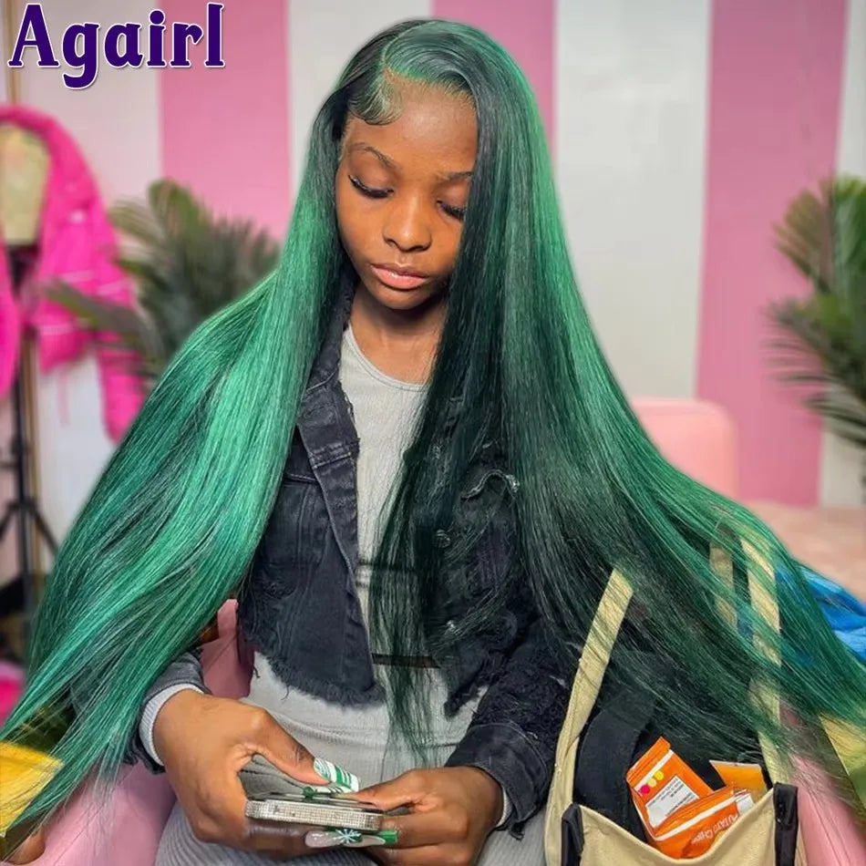 32 34 Inches Ready Go Green Highlight 13X6 Lace Front Human Hair Wigs Pre Plucked 13x6 Bone Straight Lace Frontal Wigs for Women