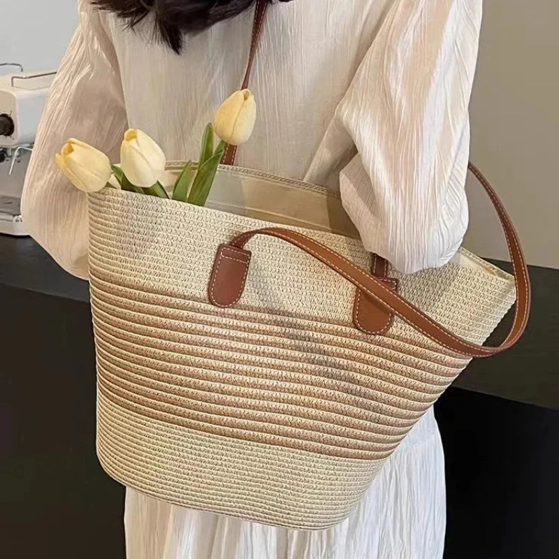 Women's Large Capacity Shoulder Bag Summer Straw Woven Basket Handbag Fashion Female Luxury Designer Beach Bag Bali Shopper Tote
