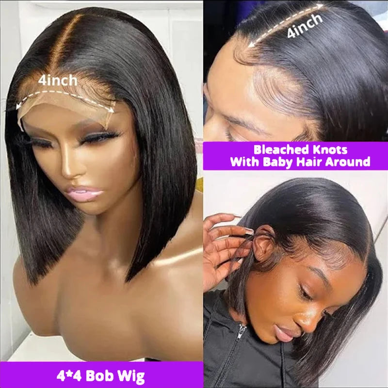 Straight Bob Wig 200% Density 13X4 Lace Frontal Wigs Brazilian Pre Plucked With Baby Hair 4x4 For Women 100% Human Hair Wigs #1B