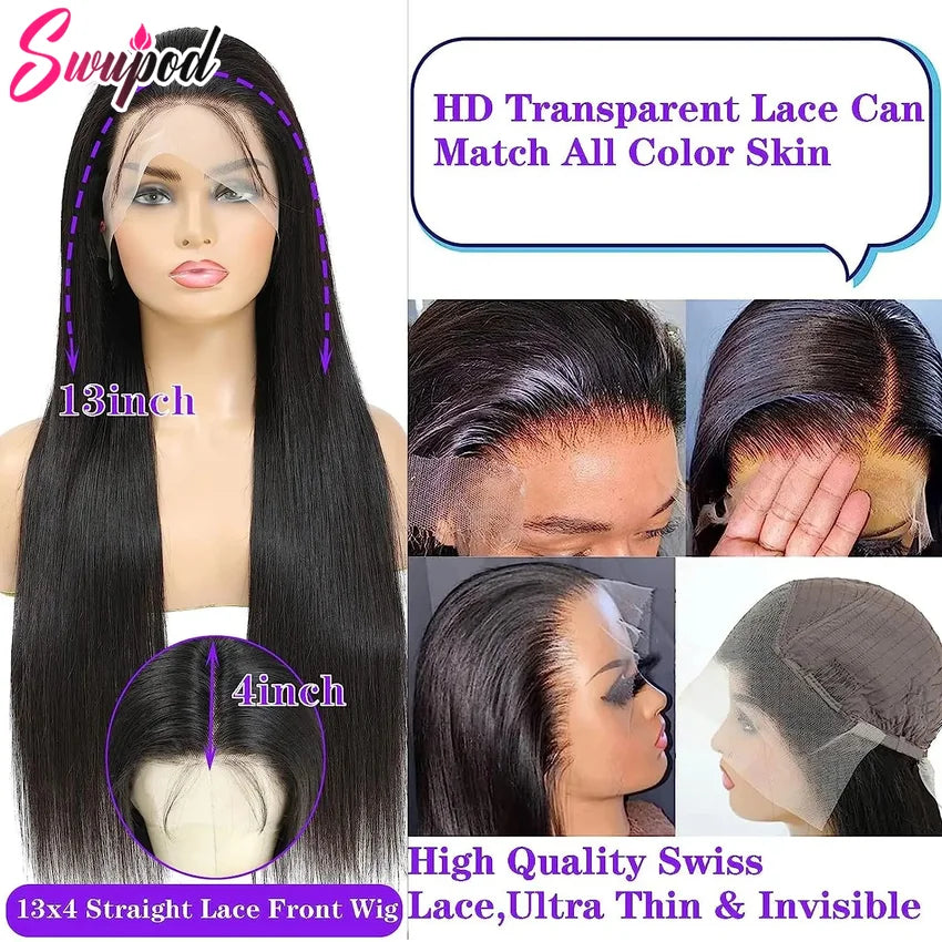 250% 360 Full Lace 13x6 HD Lace Frontal Wig for Women 13x4 Frant Silky Straight Remy Human Hair Dark Black Glueless Pre Plucked
