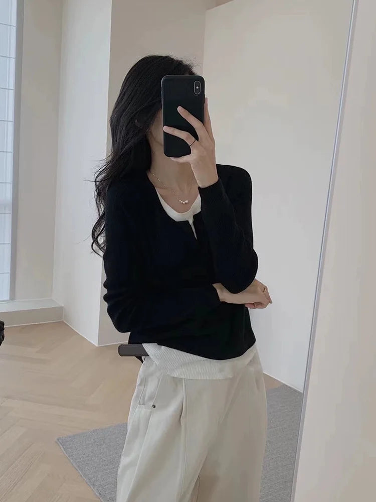 Y2k Black Fake Two Pieces Long Sleeves Shirt Women Autumn Irregular Patchwork Tops Slim-fit Bottom Knit Shirts Aesthetic Clothes