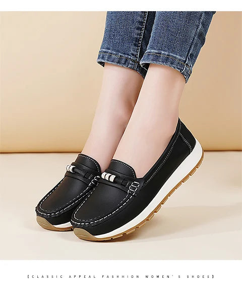 Women's casual flat shoes, 100 genuine leather shoes, lightweight spring and summer loafers, walking mom shoes